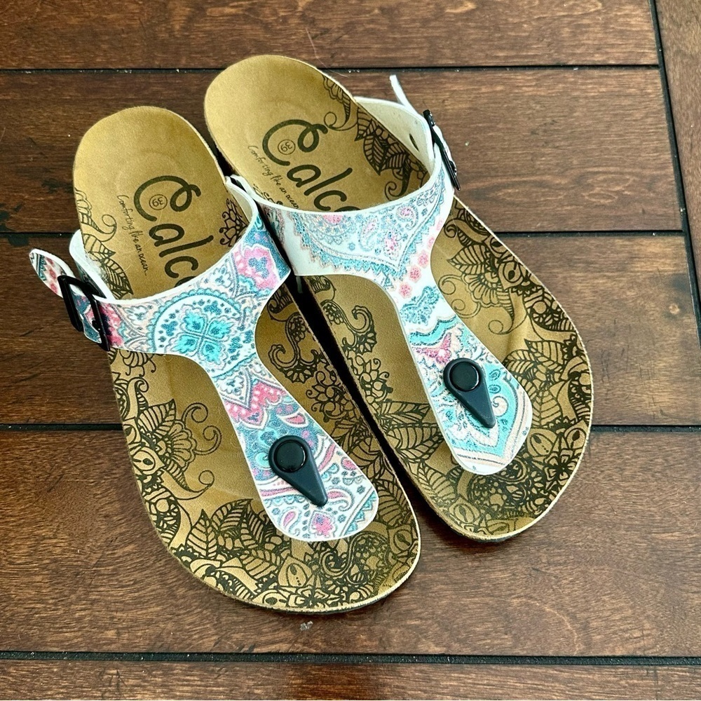 CALCEO White & Pink Medallion T-Strap Cork Footbed Sandal - Size 39 EU - 8.5 US